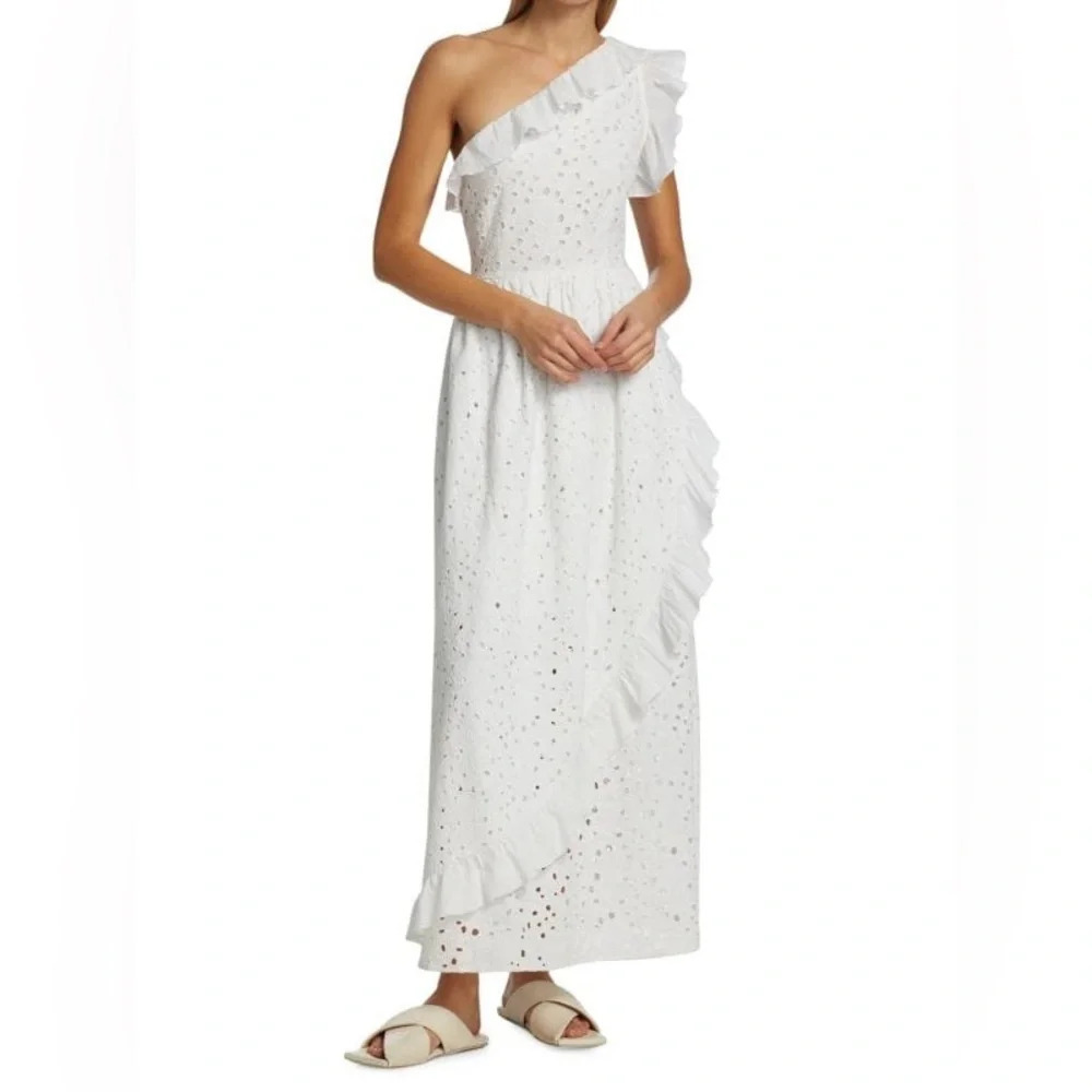 NWOT Batsheva Jude Eyelet One Shoulder Ruffle Maxi Dress Broderie Anglaise White